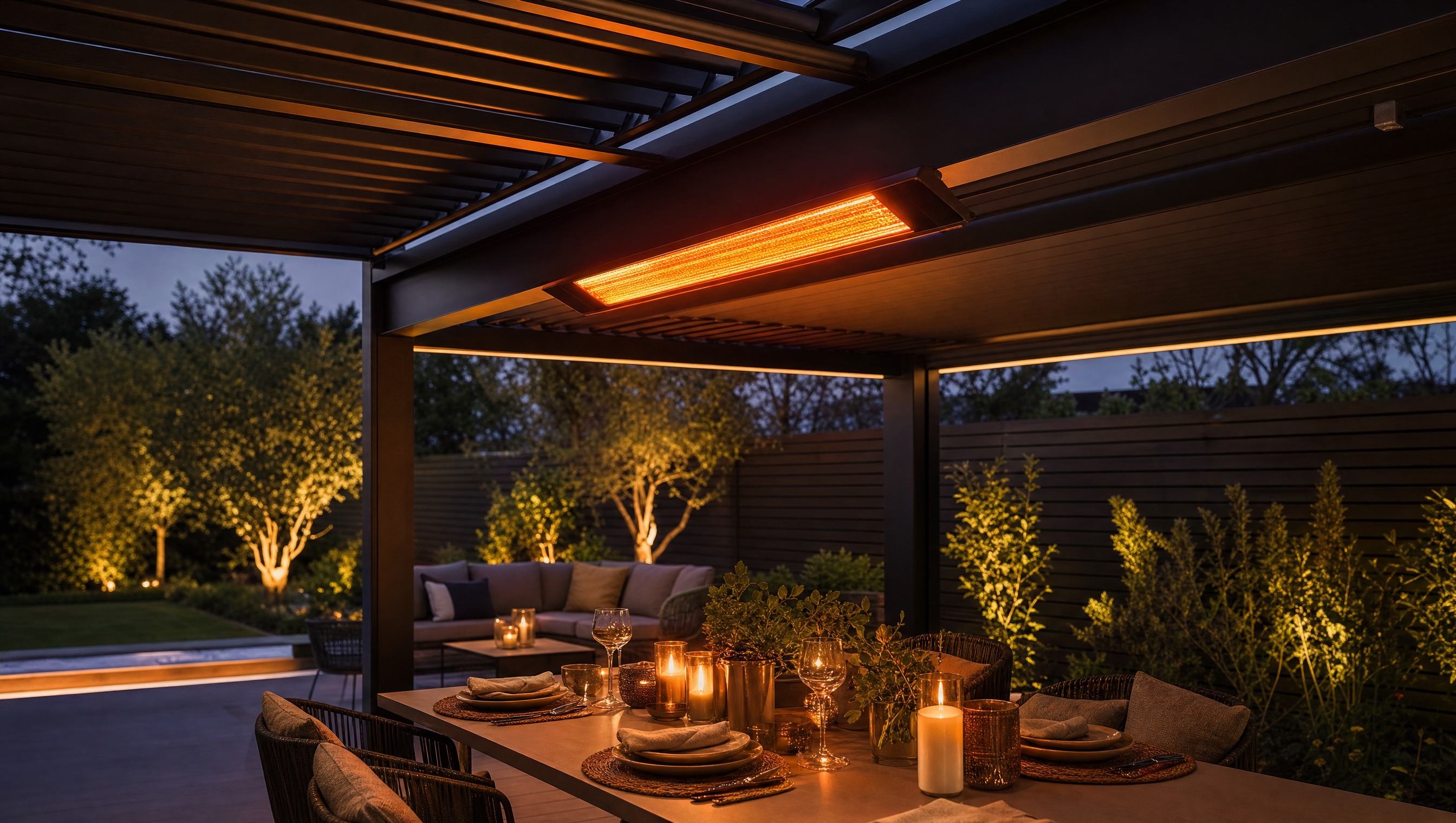 Infraroodverwarming boven een gedekte tafel onder de overkapping