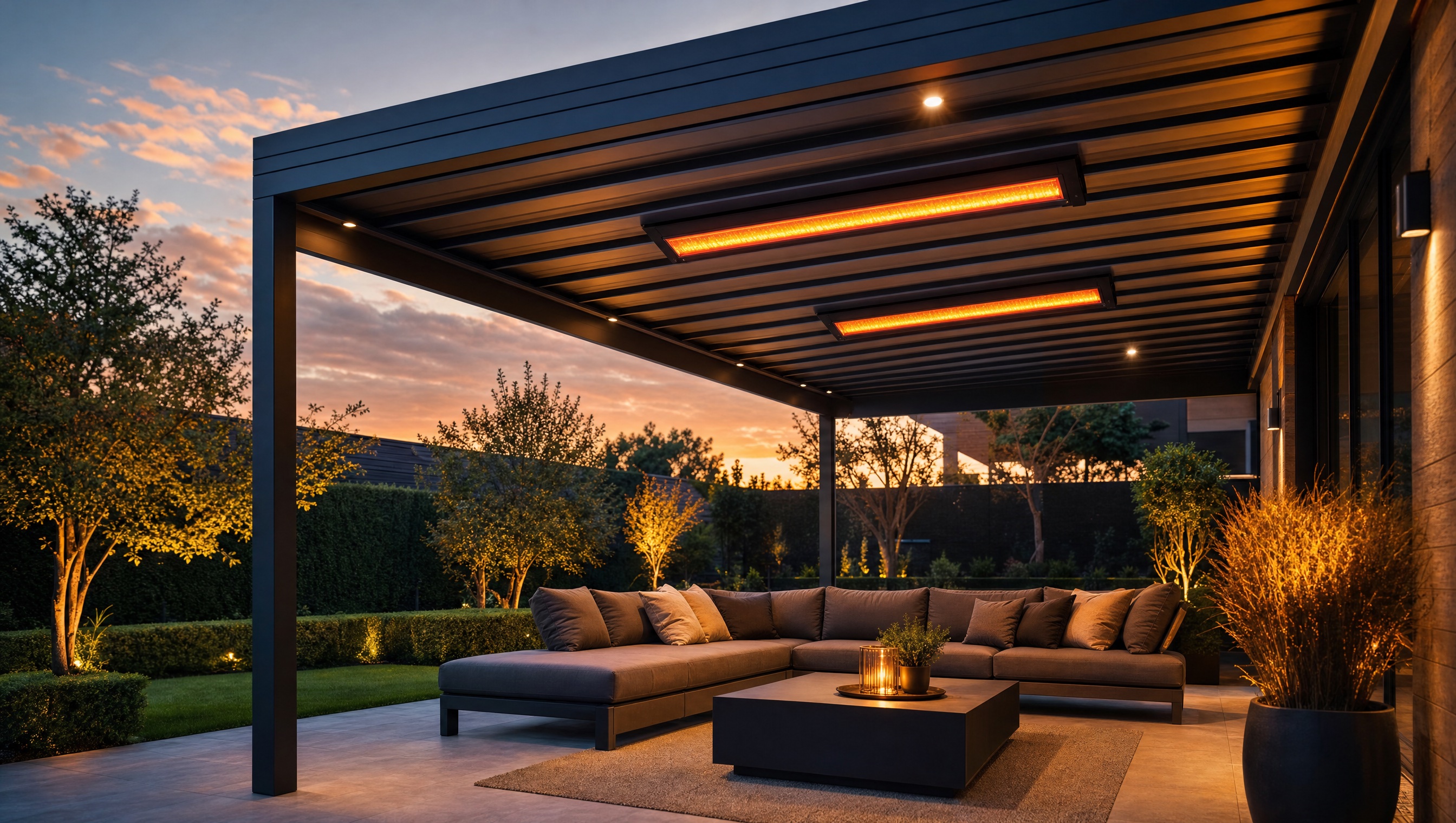 Terrasoverkapping met infraroodverwarming boven een loungeset