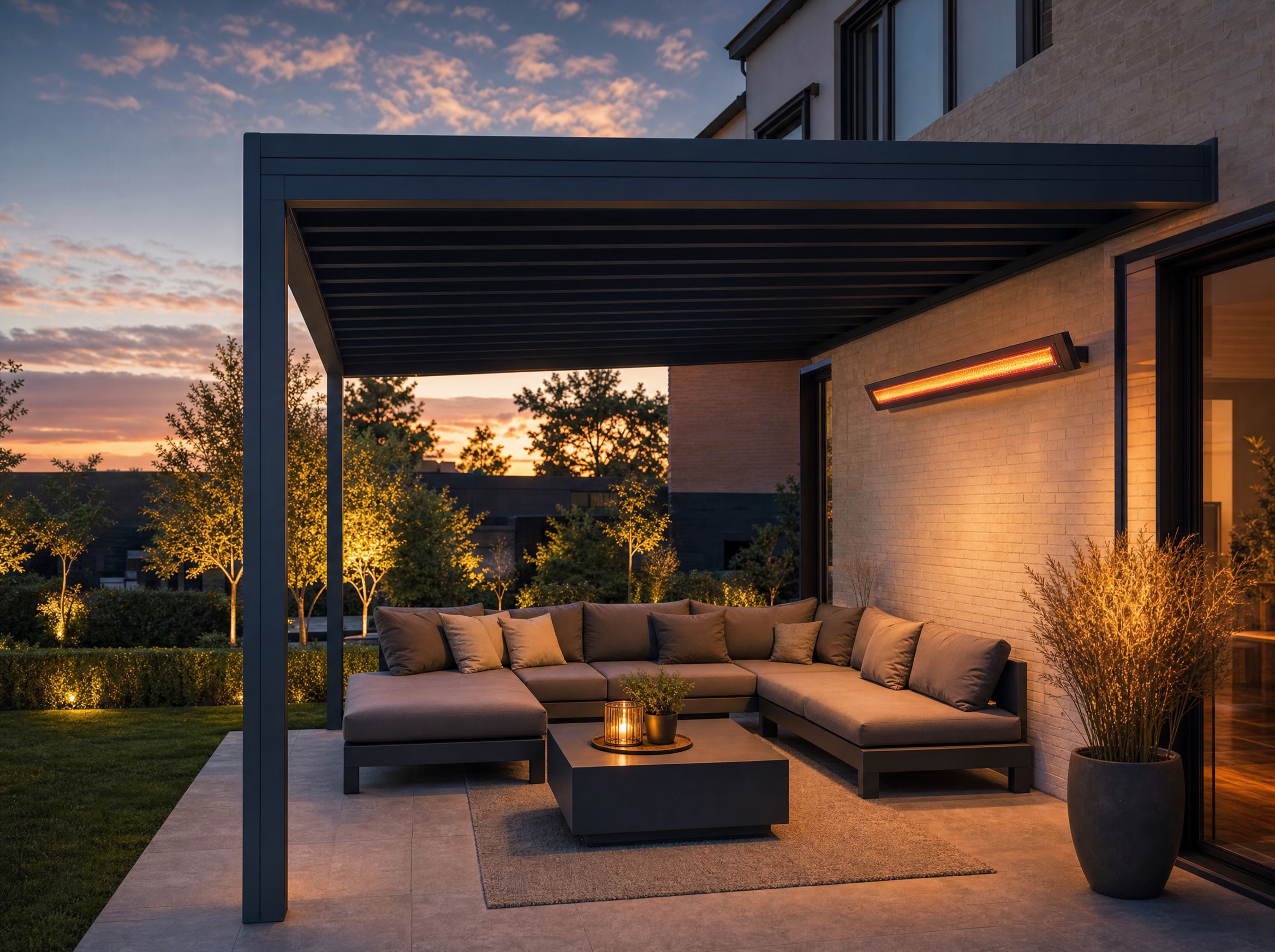 Infraroodverwarming aan de gevel boven een loungeset onder een TerraShield overkapping